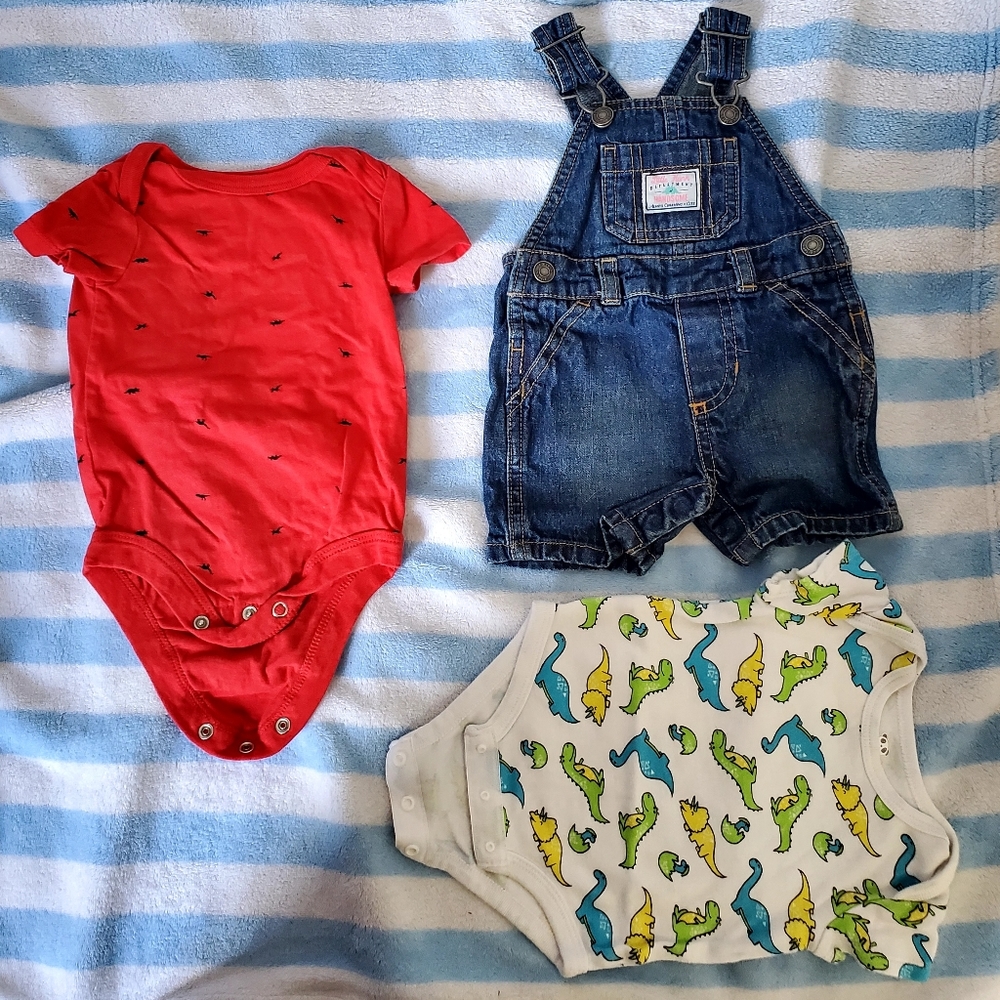 Dinosaur themed overalls trio
